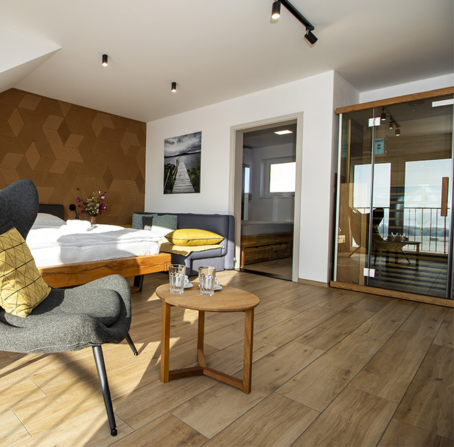 Ložnice se saunou v apartmánu A9 Vybavení velké ložnice se saunou